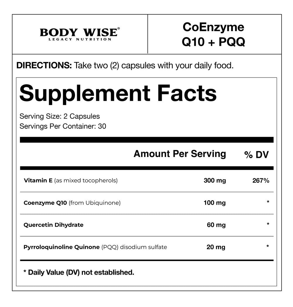 CoEnzyme Q10 + PQQ supplement bottle by Body Wise